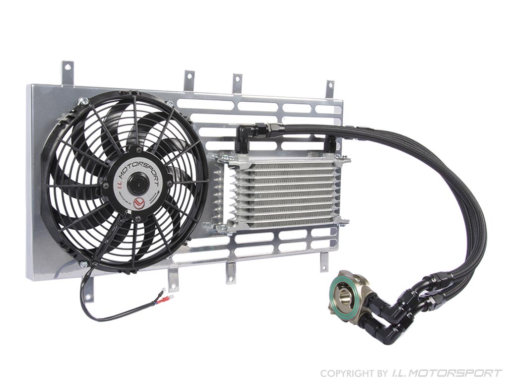 Thermostat controlled oil cooler with Spal fan